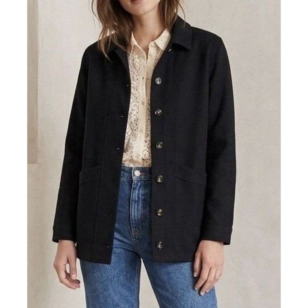 Sezane Will Black Wool Blend Chore Coat Jacket Button Up Collar Size M